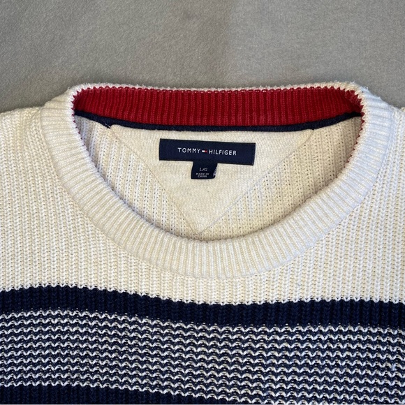 Tommy Hilfiger Sweater 100% Cotton White with Blue Stripes Men’s Size Large - Picture 6 of 12